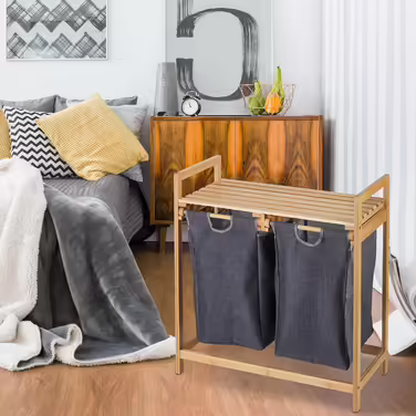 Relaxdays Wäschekorb Bambus, 2 Fächer, ausziehbar, 60L, Natur, 1 Stück (Grau)