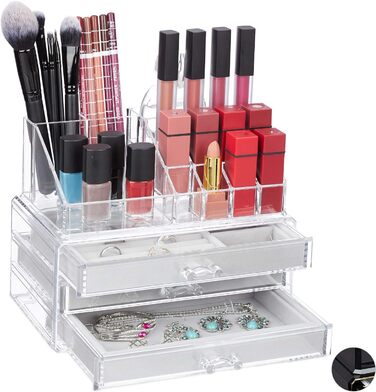 Relaxdays Make Up Organizer, 2-teilig, mit Schmuckkästchen, 3 Schubladen, Kunststoff, HBT 18,5x23,5x15 cm, (Transparent)