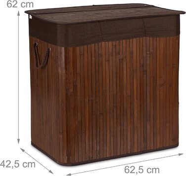 Relaxdays Wäschekorb, mit 3 Fächern, mit Deckel, rechteckiger Wäschesammler, HBT: 62 x 62,5 x 42,5 cm, aus Bambus,  10041530_49 (Braun)