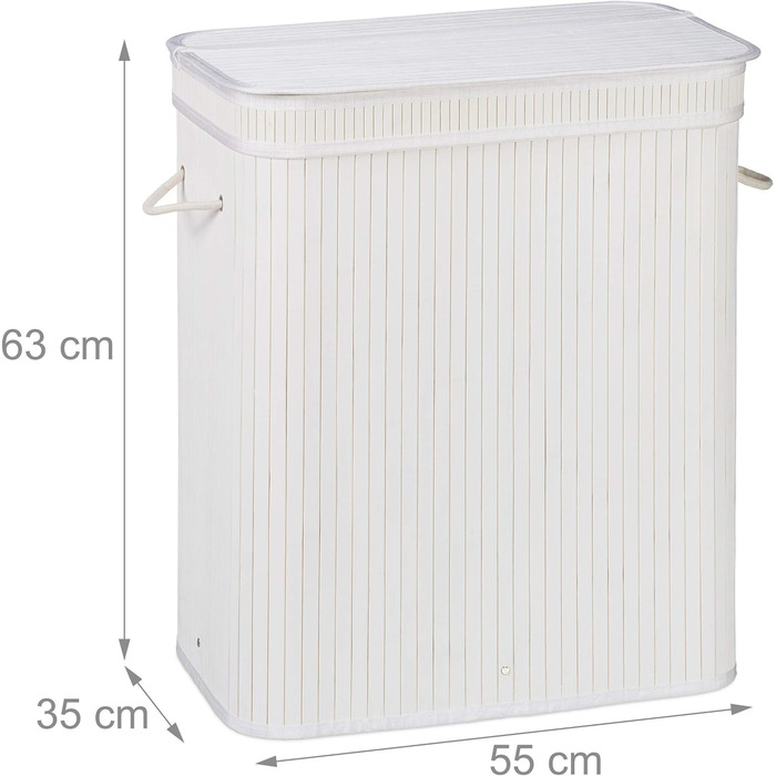 Relaxdays Wäschekorb Bambus, rechteckiger Wäschesortierer, 2 Fächer, mit Klappdeckel, platzsparend faltbar, 95 l, weiß
