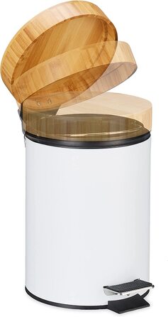 Relaxdays Mülleimer Bad, 3 l, Kosmetikeimer mit Absenkautomatik, Bambusdeckel, entnehmbarer Inneneimer, Treteimer, weiß
