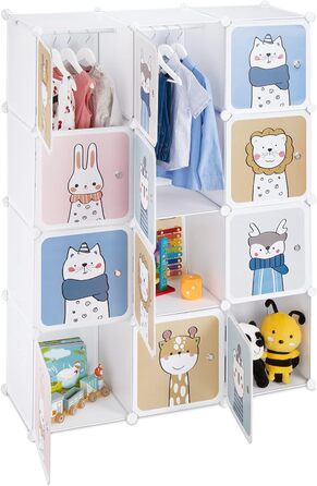 Relaxdays Steckregal Kinder, 2 Kleiderstangen, Türen mit Tierkindern, HBT: 145x110x37 cm, DIY Kinderkleiderschrank, weiß