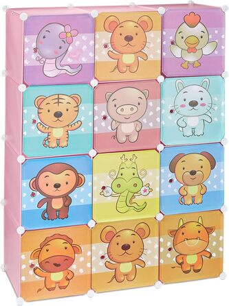 Relaxdays,  Steckregal Kinderzimmer, Tiermotive, Jungen, Türen, Kleiderstangen, Kunststoff Kleiderschrank, 145x110cm, 60%, Standard (Rosa)