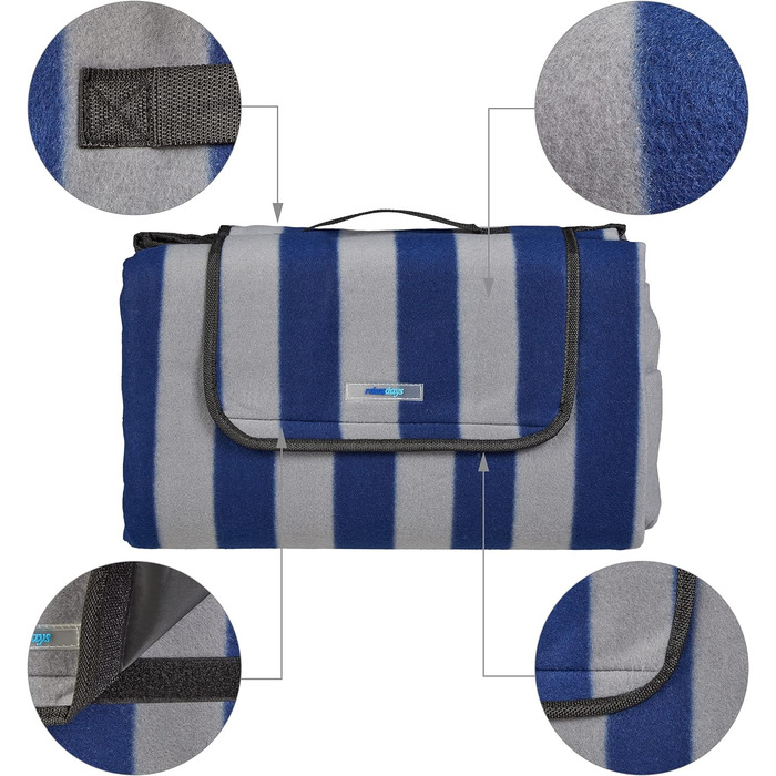 Relaxdays XXL Picknickdecke, 200x200, Fleece Stranddecke, wärmeisoliert, wasserdicht, Badedecke, Tragegriff, blau-grau
