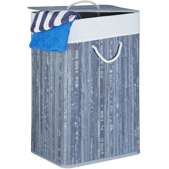 Wäschekorb Bambus, mit Deckel, XL, 83 L, faltbar, 65,5x43,5x33,5 cm, blau (Grau, Creme, 2)