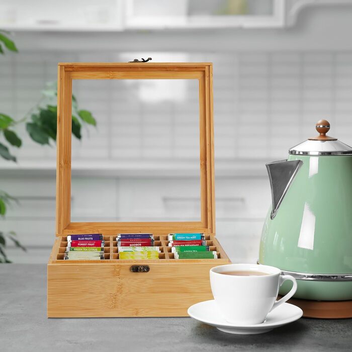 Relaxdays Teebox, 12 Fächer, Bambus, 9,5x26,5x28,5 cm, Tee & Kaffeepads, Deckel, Natur