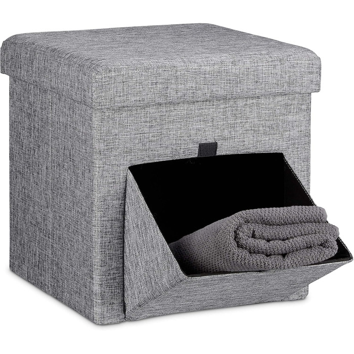 Relaxdays Faltbarer Sitzhocker, Leinen, Aufbewahrungsbox, abnehmbarer Deckel, 38x38x38 cm, grau