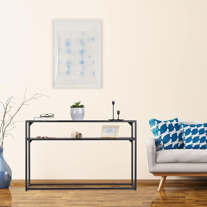 Relaxdays Konsolentisch, Glasplatte, Metallgestell, Ablage, 4 Beine, 70,5x110x30 cm, schwarz