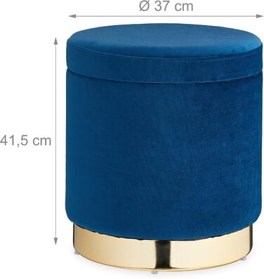Relaxdays runder Samthocker mit Stauraum, elegant, H41,5 x D37 cm, blau/Gold