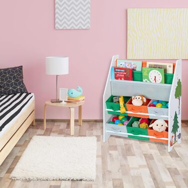 Relaxdays Kinderregal mit 6 Boxen & 2 Hängefächern, 74x62,5x31 cm, Spielzeugregal, bunt