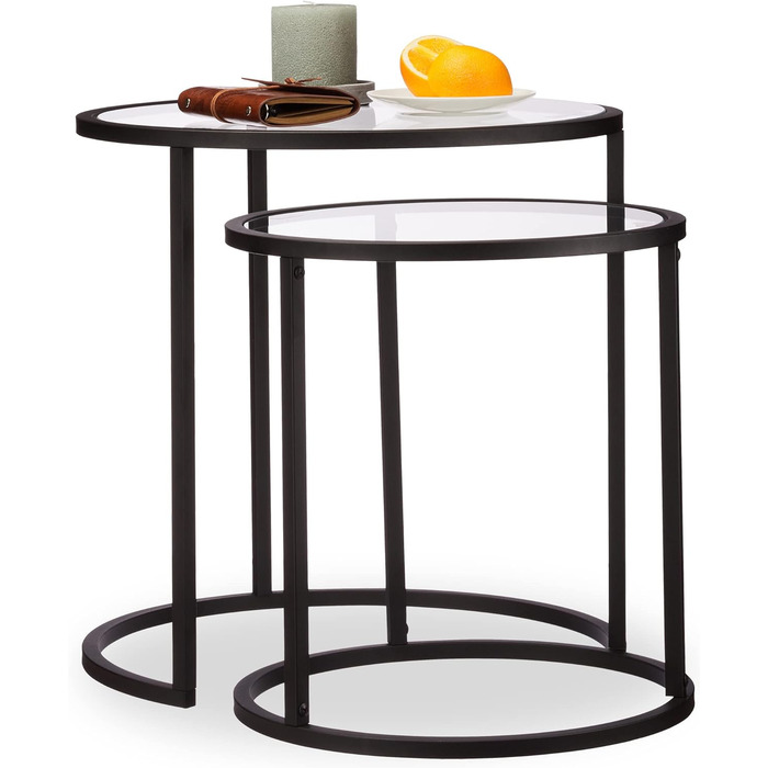 Relaxdays, schwarz Beistelltische 2er Set, Satztisch, Sofatisch, mit Glasplatte, untereinander passend, HBT 50,5x50x50cm, Hartglas, Standard