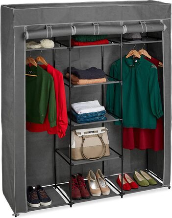 Relaxdays Stoffschrank mit Kleiderstange & 9 Ablagen, HxBxT: 172x147x43cm, Kleiderschrank mit Reißverschluss, anthrazit