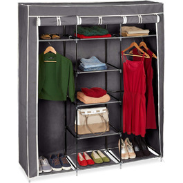 Relaxdays Stoffkleiderschrank, 9 Fächer, 2 Kleiderstangen, HBT: 173 x 148 x 43 cm, Camping, Keller, Faltschrank, anthrazit, Stoff