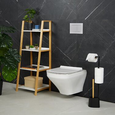 Relaxdays WC Garnitur, Bambus, Edelstahl, freistehender Klopapierhalter, Toilettenbürste, schwarz