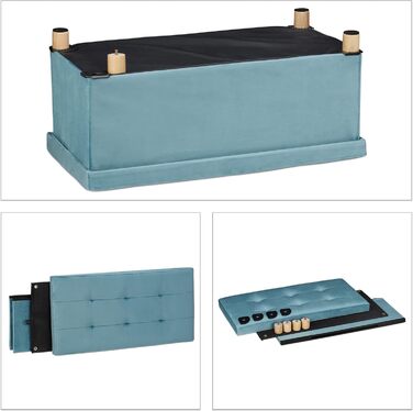 Relaxdays Sitzbank mit Stauraum, Samt, Holzfüße, bis 120 kg, faltbar, 34x76x38 cm, Türkis