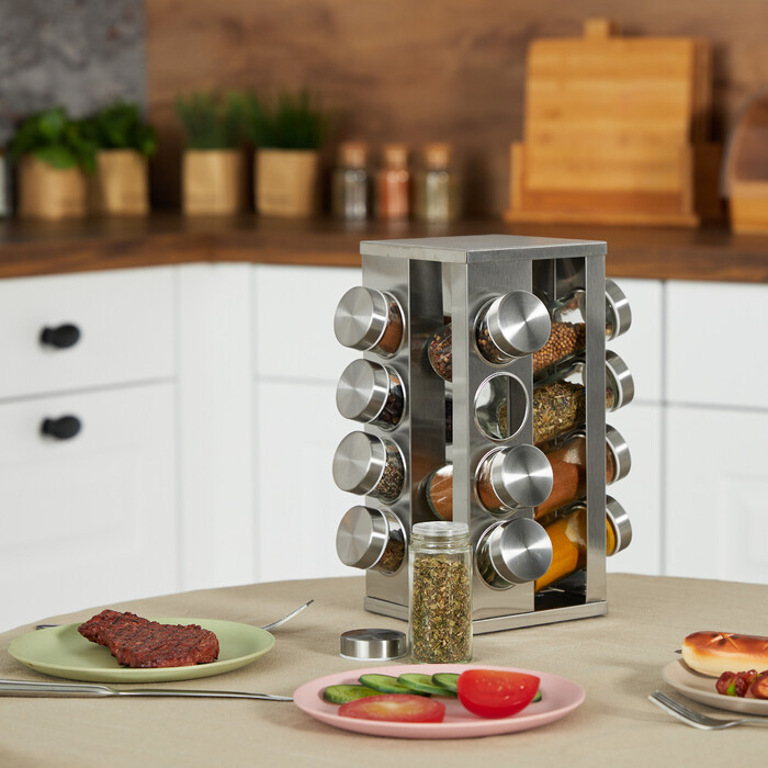 Relaxdays Eckiges Gewürzkarussell mit 16 Gläsern