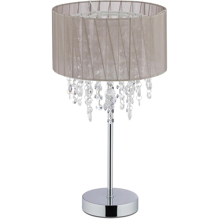 Relaxdays Tischlampe Kristall, Lampenschirm aus Organza, runder Standfuß, Nachttischlampe, HxD: 43 x 24 cm, grau/silber