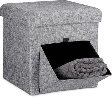 Relaxdays Faltbarer Sitzhocker, Leinen, Aufbewahrungsbox, abnehmbarer Deckel, 38x38x38 cm, grau