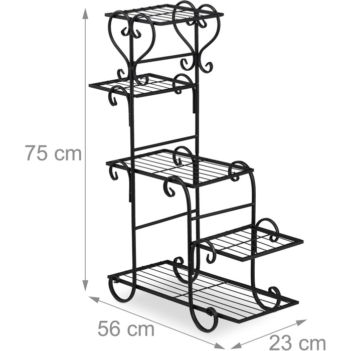Relaxdays Blumenregal Metall, Vintage, 75x56x23 cm, 5 Ablagen, schwarz, Eisen