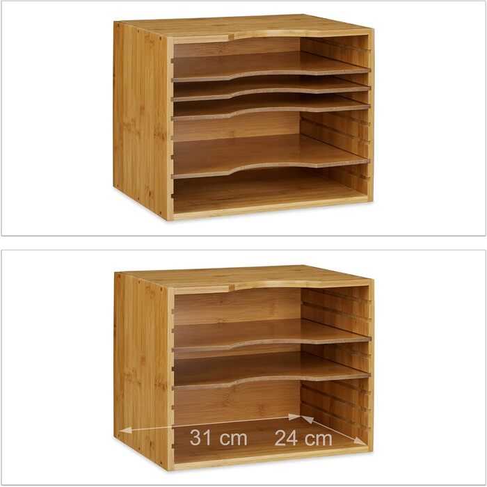 Relaxdays Briefablage aus Bambus HBT: ca. 26 x 33 x 24,5 cm Ablagesystem für den Schreibtisch Dokumentenablage mit 4 variablen Einlegeböden Papierablage aus Holz für Briefe und Unterlagen, natur