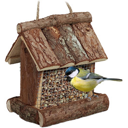 Relaxdays Vogelfutterhaus, Holz, HBT: 17x15x12 cm, mit Silo, Vogelfutterspender, Natur (60 Zeichen)