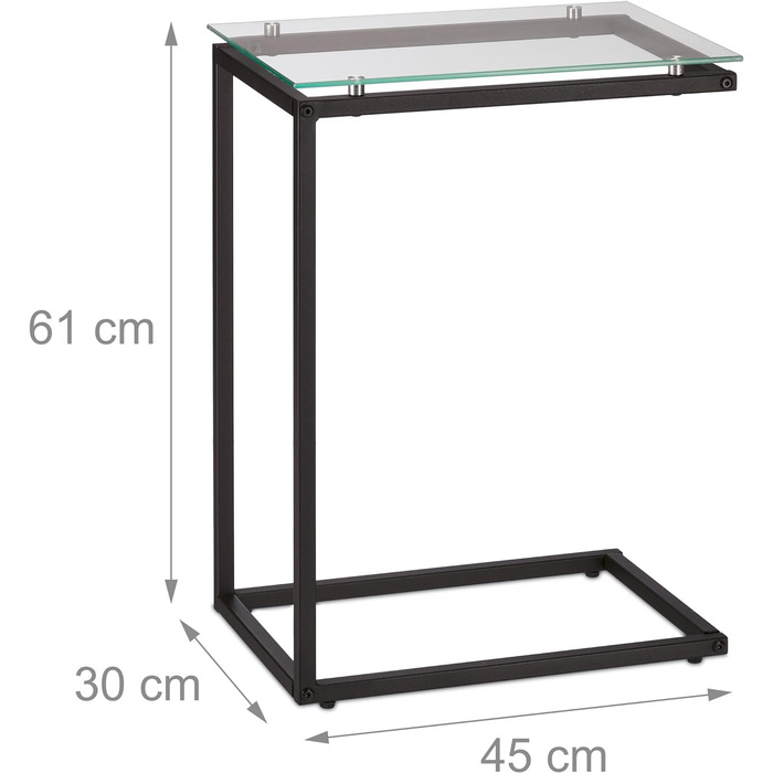 Relaxdays Beistelltisch, U-Form, Glas Tischplatte, Metall, Bauhausstil, Konsolentisch HxBxT: 61 x 30 x 45 cm, schwarz, 1 Stück