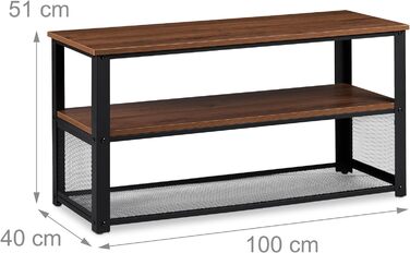 Relaxdays TV Bank, 3 Ablagen, Metall, Holzmaserung, für Wohnzimmer, Industrial, Couchtisch, HxBxT: 51x100x40 cm, braun