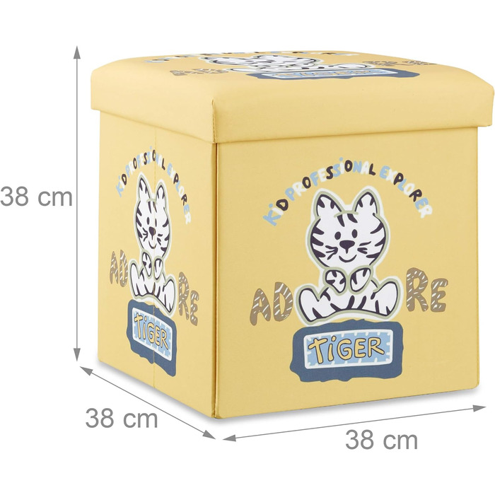 Relaxdays Sitzhocker für Kinder, faltbar, mit Stauraum, Aufbewahrungsbox mit Deckel, HxBxT 38 x 38 x 38 cm, (Tiger)
