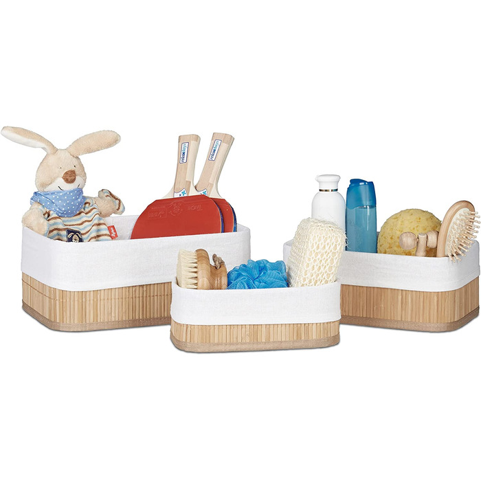 Relaxdays Aufbewahrungskorb 3er Set, Stoffbezug, Bambus, rechteckig, Bad, Accessoires, Spielzeug, Allzweckkorb, natur
