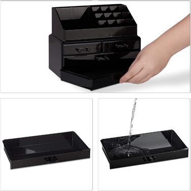 Relaxdays 1 x Make Up Organizer klein, 2-teilige Schmink Aufbewahrung Acryl, mit Lippenstifthalter und 4 Schubladen, schwarz 1 Schwarz 1 Stück