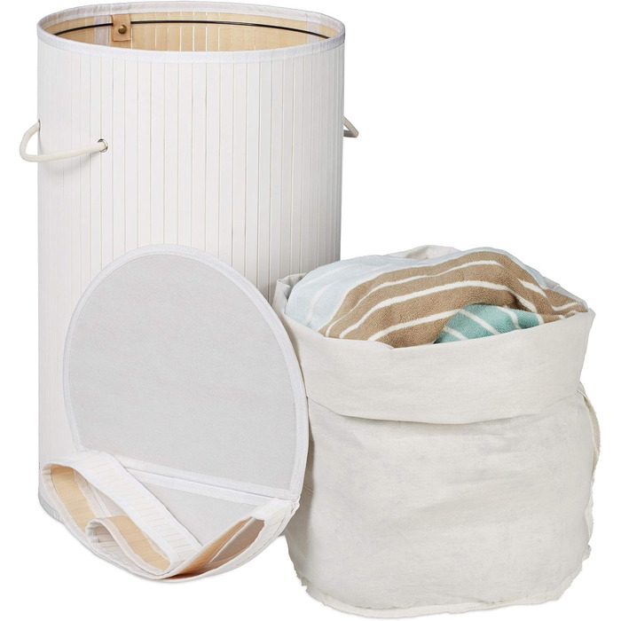Relaxdays Wäschekorb Bambus, runder Wäschesammler mit Klappdeckel, 65 l, faltbare Wäschetonne, rund Ø 40 cm, (Weiß)