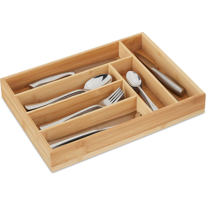 Relaxdays Besteckkasten, Schubladeneinsatz mit 6 Fächern, für Küchenbesteck, Bambus, HxBxT 5 x 25,5 x 35,5 cm, natur (Bundle mit Besteckkasten mit 4 Fächern)