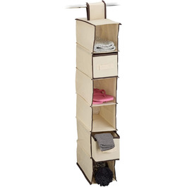 Relaxdays Hängeregal Stoff, 6 Fächer, 2 Schübe, für Kleiderschrank, HBT: 82x14,5x30 cm, Beige/Dunkelbraun