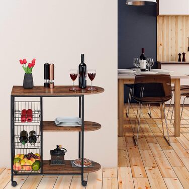 Relaxdays Servierwagen, 3 Ablagen & Körben, Industrial, Metall & MDF, 84x83x37 cm, weiß/braun