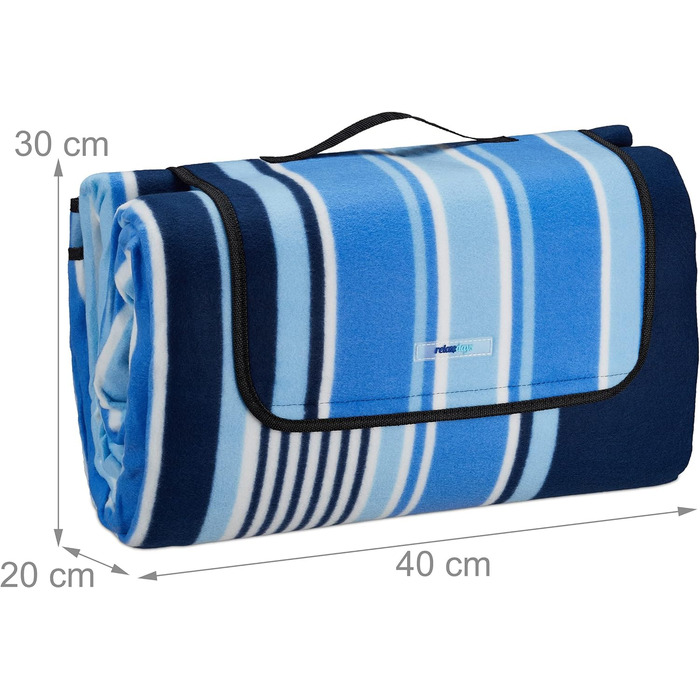 Relaxdays XXL Picknickdecke, 200x300 cm, wasserdichte Unterseite, Tragegriff, Fleece Isolierdecke, gestreift, blau-weiß