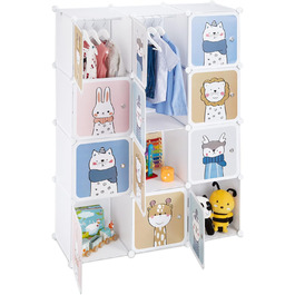 Relaxdays Steckregal Kinder, 2 Kleiderstangen, Türen mit Tierkindern, HBT: 145x110x37 cm, DIY Kinderkleiderschrank, weiß