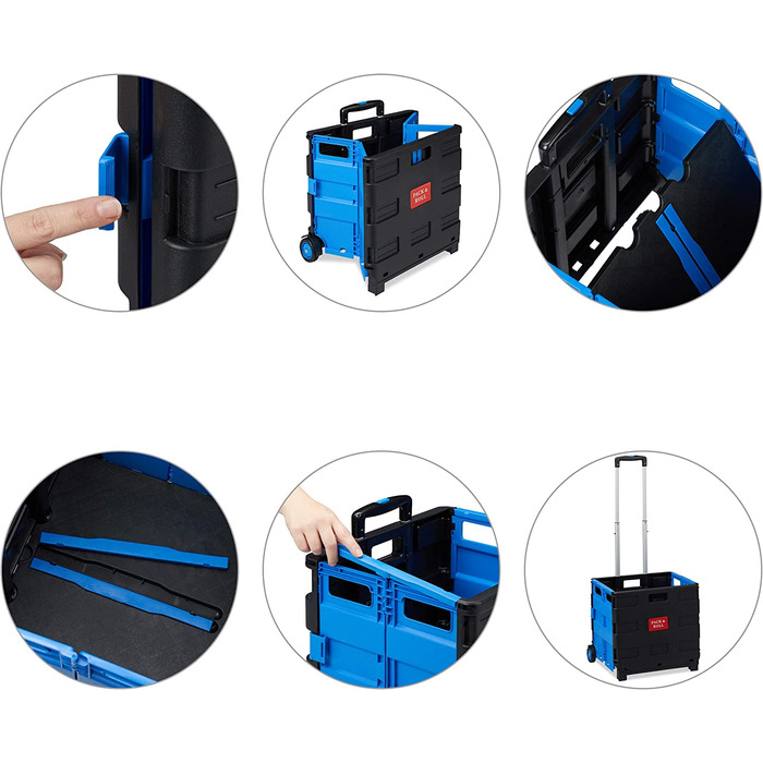 Relaxdays Einkaufstrolley klappbar, bis 35 kg, 50 l Kiste, mit Teleskopgriff, 2 Rollen, Transport Trolley, blau/schwarz