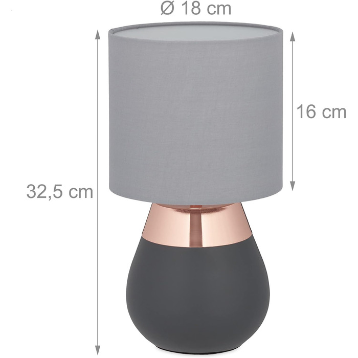 Relaxdays Nachttischlampe Touch dimmbar, moderne Touch Lampe, 3 Stufen, E14, Tischlampe, HxD: 32,5 x 18 cm, grau-kupfer