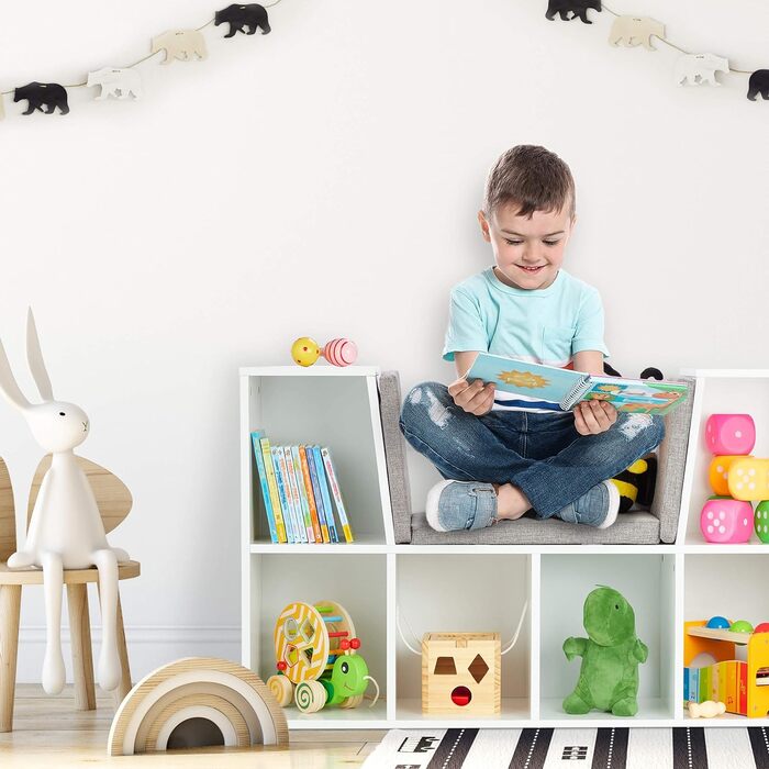 Relaxdays Bücherregal mit Sitzkissen, Kinderregal mit 6 Fächern, 63x103x30 cm, gepolstert, Sitzbank Kinderzimmer, weiß