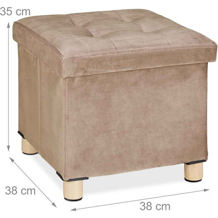Relaxdays Samthocker mit Stauraum, Tablett, Holzbeine, eckig, 35x38x38 cm, Holz (Creme)