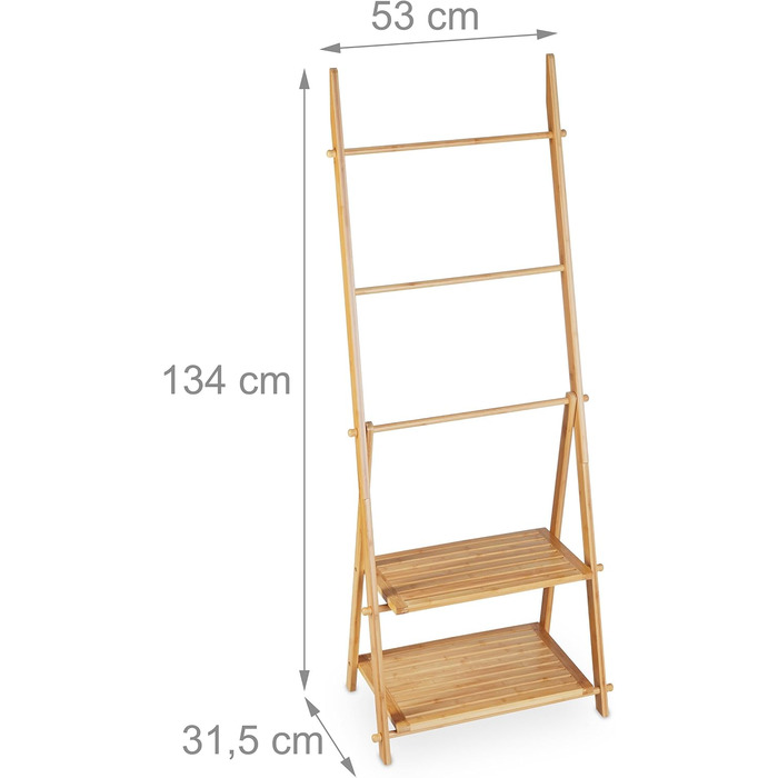 Relaxdays Handtuchleiter Bambus, 3 Stangen, 2 Ablagen, klappbar, 134x53x31,5 cm, Standhandtuchhalter Natur