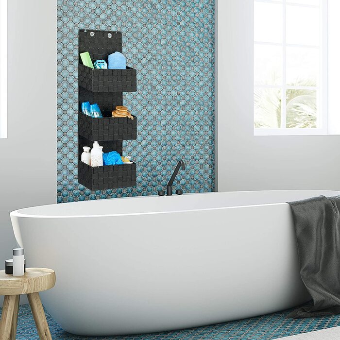 Relaxdays Hängeorganizer Stoff, Türorganizer mit 3 Aufbewahrungskörben, Wandorganizer Bad, PP, HBT: 75x25x15cm, (15 x 25 x 75 cm, Schwarz)