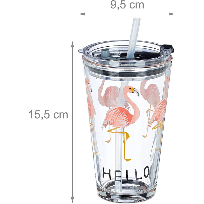 Relaxdays Glasbecher mit Deckel & Strohhalm, 4er Set Flamingo Gläser, 450 ml, spülmaschinenfest, Trinkglas, transparent