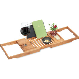 Relaxdays Badewannenablage, Bambus, 70-105 cm ausziehbar, Buchstütze, Weinglashalter, Badewannentisch, Natur/schwarz