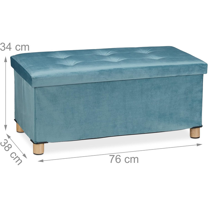 Relaxdays Sitzbank mit Stauraum, Samt, Holzfüße, bis 120 kg, faltbar, 34x76x38 cm, Türkis