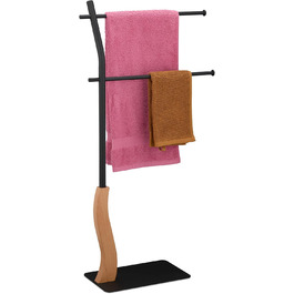 Relaxdays Handtuchhalter stehend, 2 Stangen, für Hand- & Badetücher, Stahl/MDF, schwarz/braun, 1 Stk.