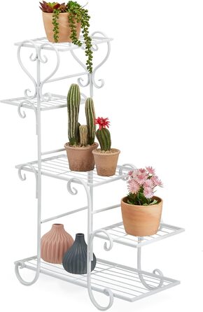 Relaxdays Blumenregal Metall, Vintage, 75x56x23 cm, Blumentreppe 5 Ablagen, Eisen (Weiß)