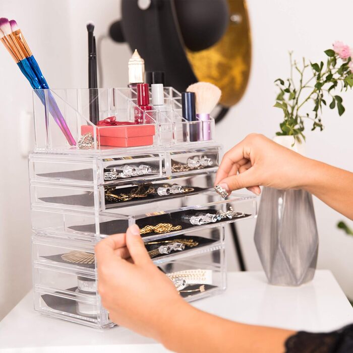Relaxdays 1 x Make Up Organizer mit Schubladen, stapelbarer Schmuckkasten für Make Up, Acryl Schminkaufbewahrung, transparent 1 Transparent 1 Stück