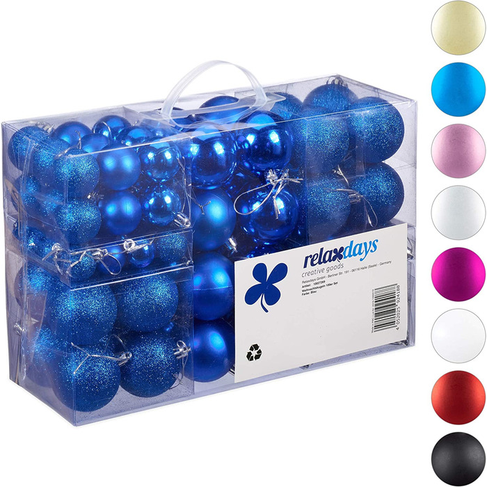 Relaxdays Weihnachtskugeln, 100er Set, Weihnachtsdeko, matt, glänzend, glitzernd, Christbaumkugel ∅ 3, 4 & 6 cm, (Blau)