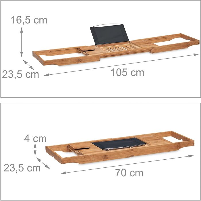 Relaxdays Badewannenablage, Bambus, 70-105 cm ausziehbar, Buchstütze, Weinglashalter, Badewannentisch, Natur/schwarz